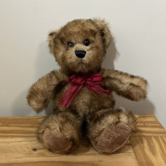 Aurora Brown Teddy Bear Red Ribbon Plush Frosted Stuffed Animal 13" - Picture 1 of 10
